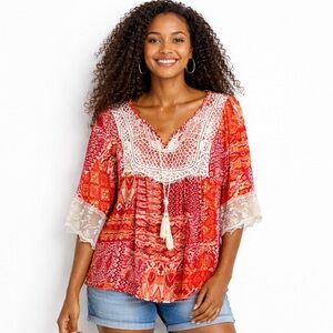 Valerie Stevens Boho Patchwork Lace Trim Peasant Blouse PL